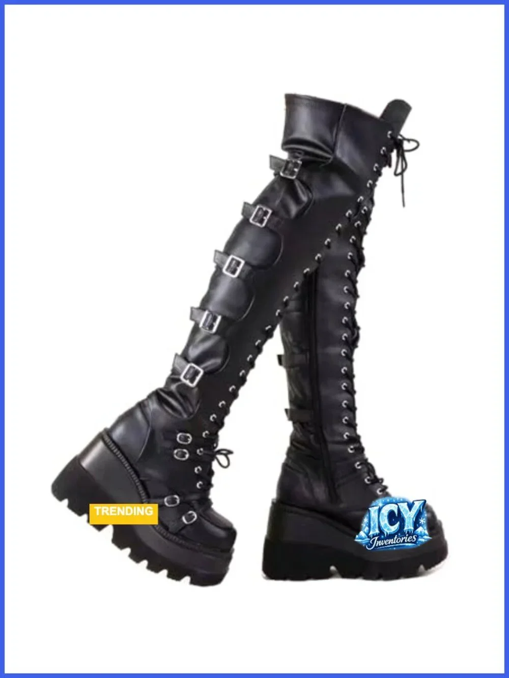 Over Knee Platform Chunky Heel Boots with Buckles Faux Leather Lace Up